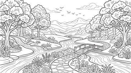 Fototapeta premium Majestic paradise valley landscape with waterfalls and lush forest, vintage hand-drawn vector engraving for adult coloring page, and fantasy nature scenery.