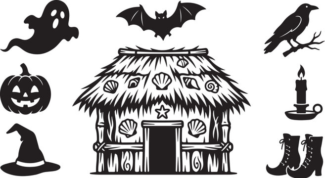 Halloween hut with spooky decorations and symbols around