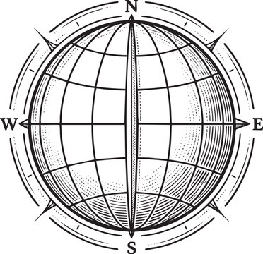 Prime Meridian Day logo concept with globe grid and time alignment, vintage hand-drawn vector engraving of world map, longitude line, and geographic navigation theme.