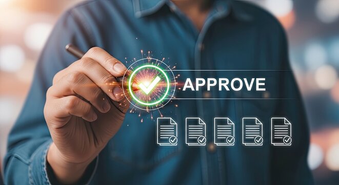 Businessman approves documents with digital interface and glowing approve button in office setting with futuristic technology