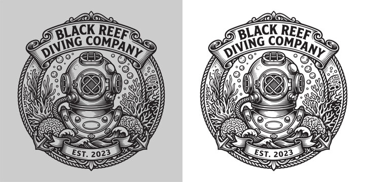 Detailed Vintage Black Reef Diving Company Emblem with Deep Sea Helmet and Coral
