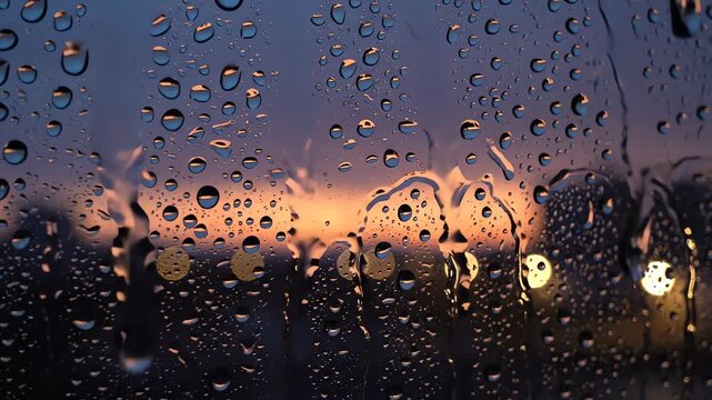 Raindrops trickling on window glass with blurred city sunset lights