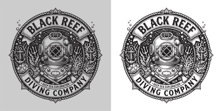 Vintage Black Reef Diving Company Label with Deep Sea Exploration Axes and Tridents