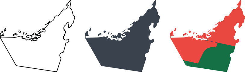 United Arab Emirates map vector illustration set featuring outline silhouette and flag colors for national uae design themes © DIPU