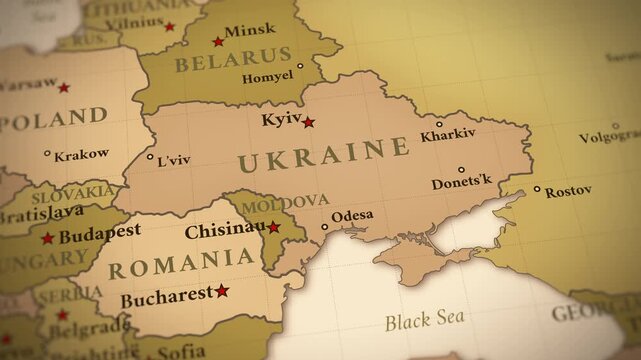 Vintage political map animation with cinematic camera zoom into Ukraine and Eastern Europe. Detailed cartography with country borders, capitals, cities and old atlas style design.