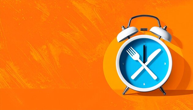 Blue alarm clock with fork knife symbolizing meal timing
