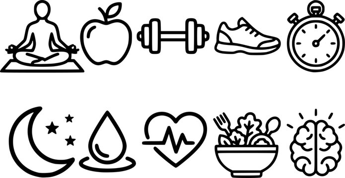 Minimalist wellness icons set, black health and fitness vector symbols, 6 lifestyle elements for meditation and nutrition tracking apps
