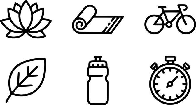 Minimalist wellness icons set, black health and fitness vector symbols, 6 lifestyle elements for meditation and nutrition tracking apps
