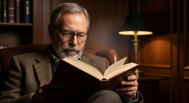 Senior Man Reads Book in Dark Wood Paneled Library