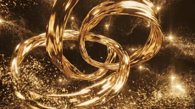 Gold rings intertwine in a fluid liquid motion surrounded by glowing sparkling particles that illuminate the dark background with a luxurious and elegant aesthetic.
