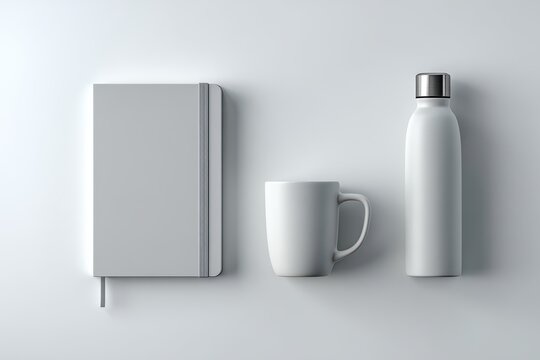 Minimalist notebook, ceramic mug, and white bottle isolated on white background