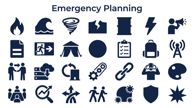 Emergency planning icons showing disaster preparedness safety and crisis management solutions