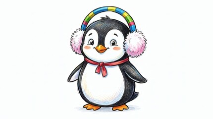 Fototapeta premium Delightful cartoon penguin bundled up for cold weather, sporting vibrant striped earmuffs and a cheerful red scarf, exuding joy and warmth