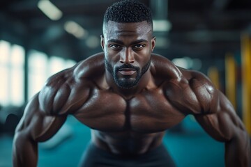 Fototapeta premium Powerful black man with muscular physique and determined expression intensely focuses in a gym setting.