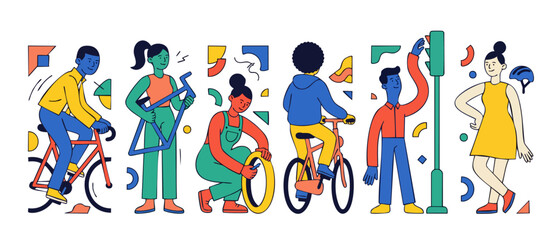 Fototapeta premium People cycling and repairing bicycles vector illustration set. Diverse group of riders, mechanic fixing wheel, and urban commuters with bikes in flat minimal modern style for sustainable transport des