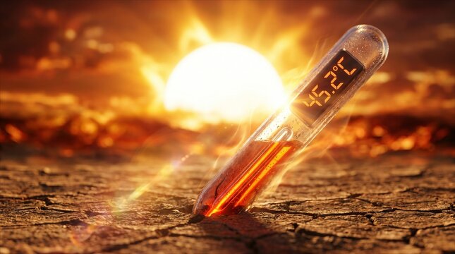 A digital thermometer indicating extreme high temperature embedded in parched, cracked earth under a blazing sun - ideal for environmental reports, climate change discussions, and global warming
