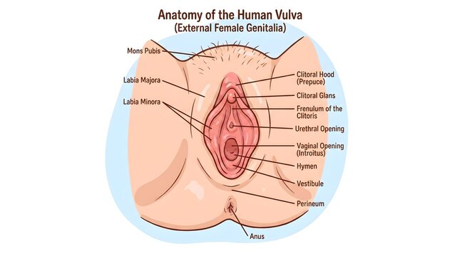 Detailed frontal illustration of the human vulva showing mons pubis, labia majora, labia minora, clitoral glans and prepuce, urethral opening, vaginal opening, vestibule, perineum, and anus for extern