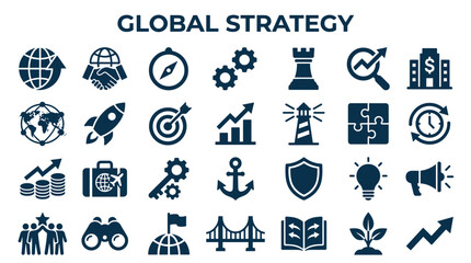 Global strategy icons and symbols representing business success growth planning and international collaboration for strategic planning and corporate development © Iconique Studio
