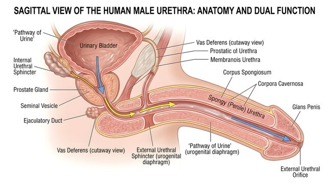 Comprehensive sagittal view of the human male urethra highlighting prostatic, membranous, and spongy segments, pathway of urine and semen, surrounding erectile tissues, and accessory glands within the