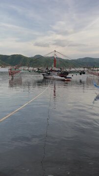 Traditional Bagang Lift Net Fishing Boat Moored at Coastal Port - Vertical Video
