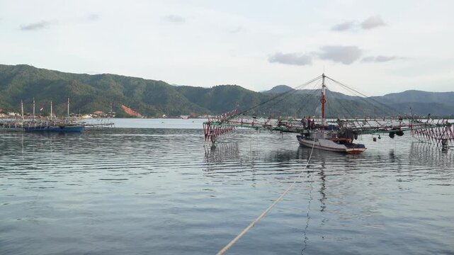 Traditional Indonesian Bagang Lift Net Fishing Boats Moored Near Sea Coast