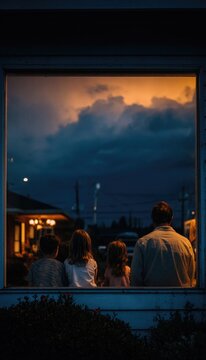 A family of four looking out a large window at a thunderstorm, cozy inside, reflections on the glass, contrast between dark sky and warm home