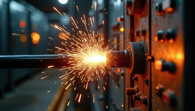 Electrical wire creates bright arc flash with sparks flying near industrial equipment. High voltage discharge shows energy overload and system malfunction. Danger and risk in power generation.