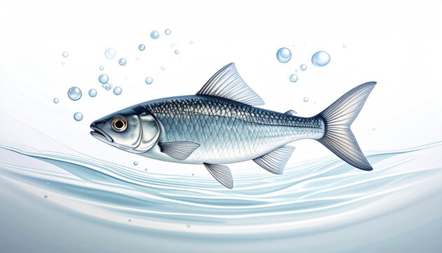 Realistic illustration of a silver fish swimming in clear blue water with bubbles and ripples