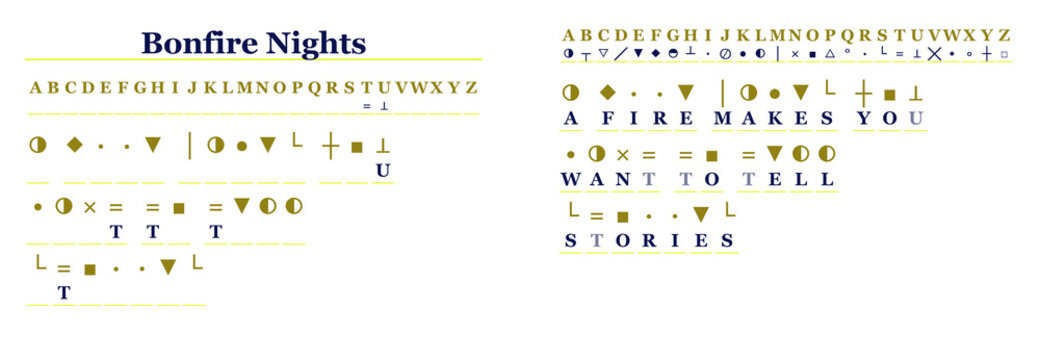 Bonfire Nights code puzzle cryptogram with solution on transparent background