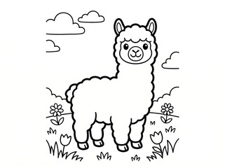 Fototapeta premium Cute cartoon llama cartoon character in a whimsical landscape with flowers and clouds