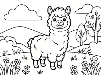 Naklejka premium Adorable Cartoon Alpaca Standing in Lush Green Meadow Surrounded by Cartoon Trees and Flowers