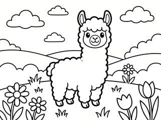 Fototapeta premium Cute Alpaca in a Colorful Meadow Filled with Flowers and Scenic Clouds in Black and White Outline