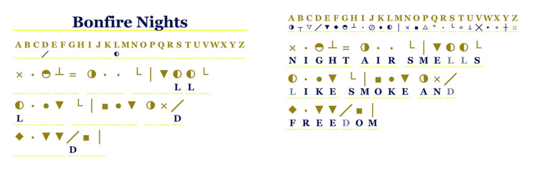 Bonfire Nights cryptogram challenge with solution isolated on transparency