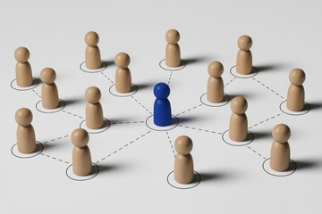 Obraz premium Central blue wooden human figure connected to multiple light brown figures in a network with dashed lines and circles, symbolizing community or connection on a light grey background.