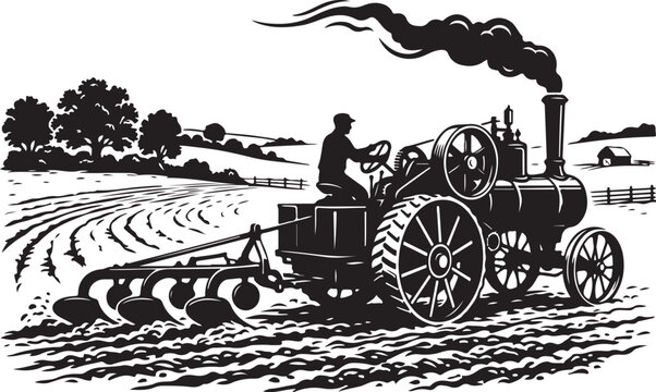 Vintage tractor, steam engine, farming illustration, black and white vector