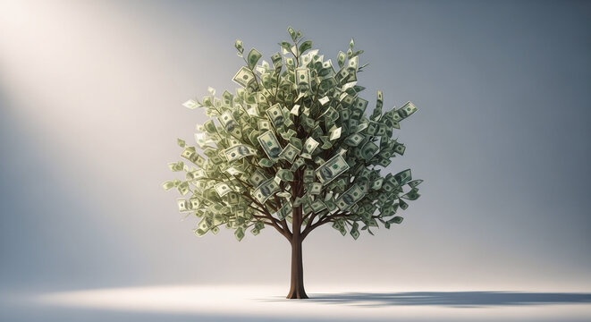 Illustrated money tree with dollar banknotes as leaves on white background representing financial growth wealth and investment concept