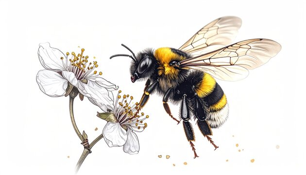 Detailed illustration of a bumblebee gathering nectar from delicate white cherry blossoms against a clean white background