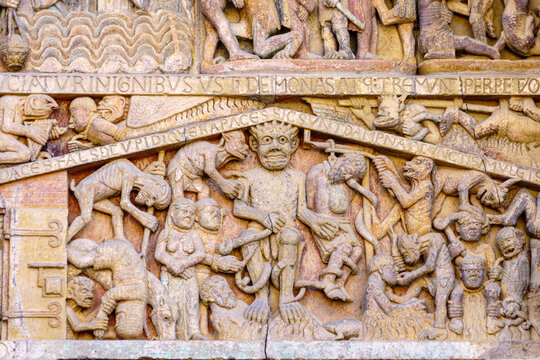 France. Aveyron (12). Conques-en-Rouergue. Way of Saint James of Compostela. The Sainte-Foy abbey church built from 1041 by Abbot Odolric. The remarkable tympanum representing the Last Judgment