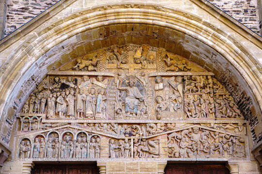 France. Aveyron (12). Conques-en-Rouergue. Way of Saint James of Compostela. The Sainte-Foy abbey church built from 1041 by Abbot Odolric. The remarkable tympanum representing the Last Judgment