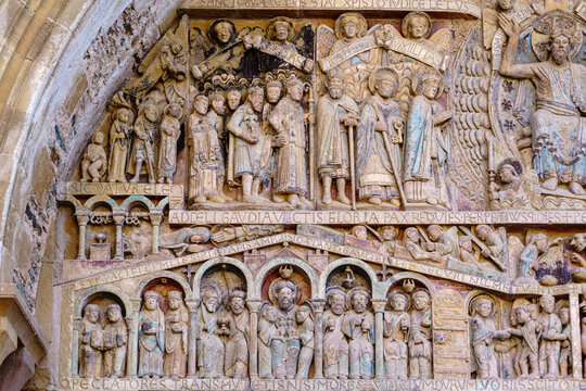 France. Aveyron (12). Conques-en-Rouergue. Way of Saint James of Compostela. The Sainte-Foy abbey church built from 1041 by Abbot Odolric. The remarkable tympanum representing the Last Judgment