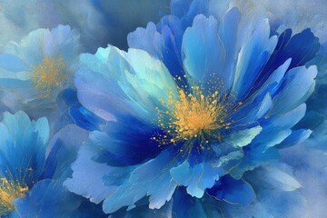 Obraz premium Close up abstract macro of vibrant blue flower petals with gold accents and detail.