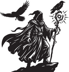 Fototapeta premium Black silhouette wizard, mystical robed figure, crow, raven, magic staff, vector illustration
