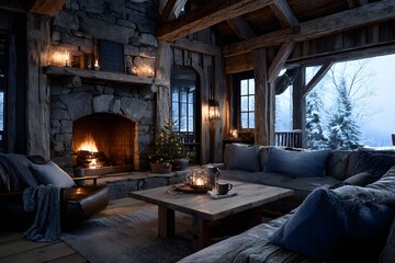 Fototapeta premium Holiday mountain cabin gathering bubbles like a cozy fire with laughter and warm mugs.
