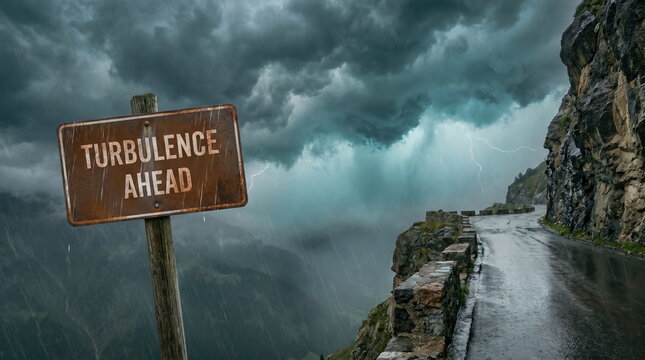 Turbulence warning sign on winding road in stormy mountain pass with lightning, representing future challenges and uncertainty.