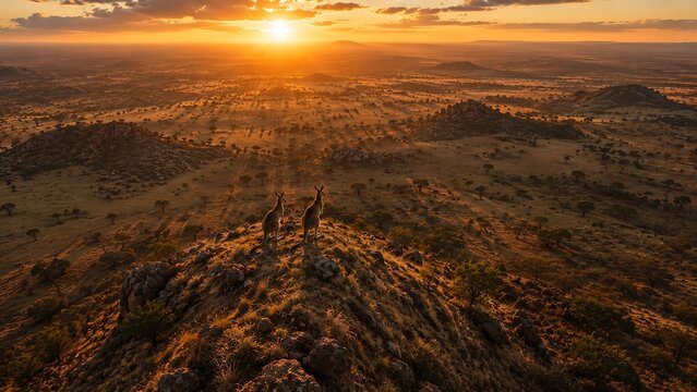 Aerial view of two kangaroos on an African hill at golden sunset, featuring vast savanna scenery with cinematic lighting and ultra realistic wildlife atmosphere.