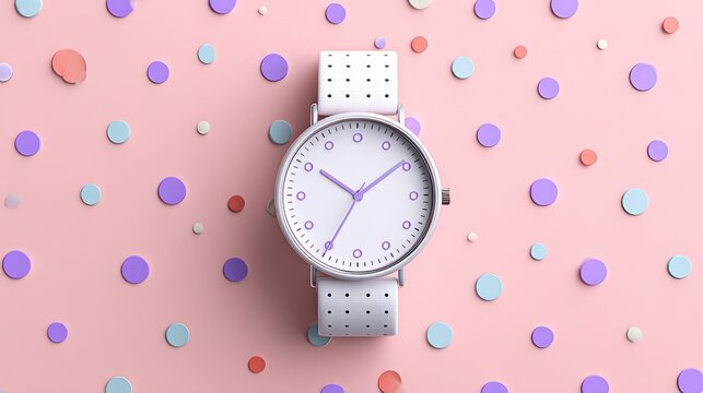 Modern wristwatch on pink background with colorful polka dots
