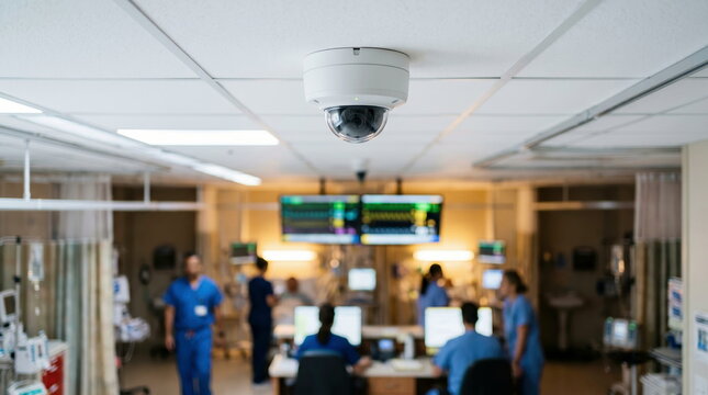 Surveillance monitoring busy hospital ward with medical staff, ensuring patient safety and operational security.