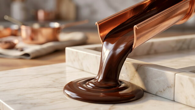 Chocolate, molten chocolate flowing from copper chute onto elegant marble countertop, dessert preparation, luxury confectionery concept