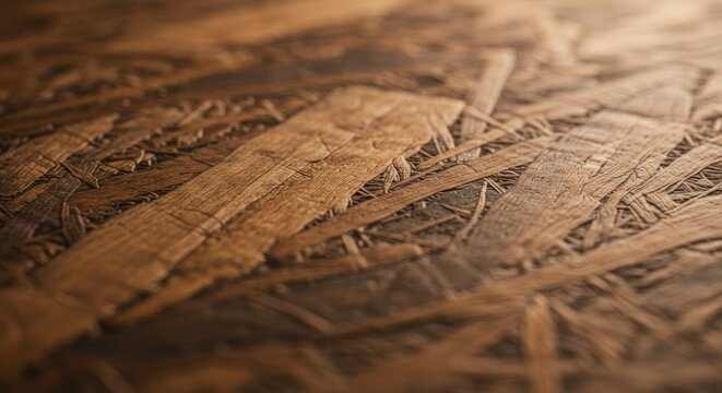 Dark brown OSB wood chipboard texture close up.