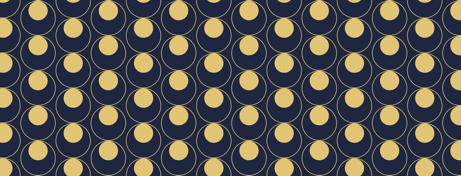 Art Deco Seamless Pattern with Gold Circles and Arcs on Dark Blue Background